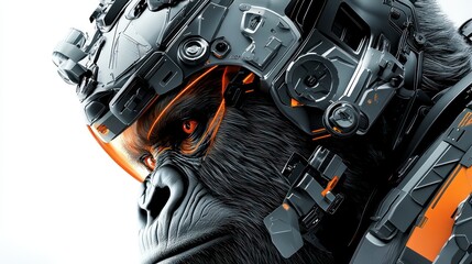 A Gorilla Wearing Futuristic Cyberpunk Helmet with Glowing Orange Details