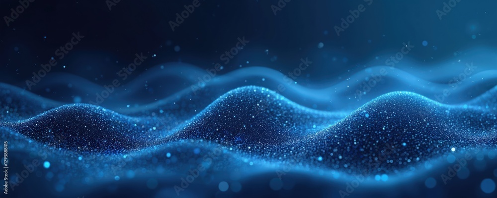Poster illustration of abstract blue background with connecting digital lines, dots like future data networ
