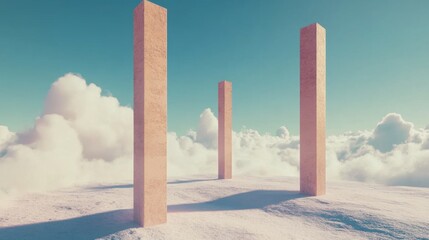Cloudy landscape with three vertical pillars on a bright day