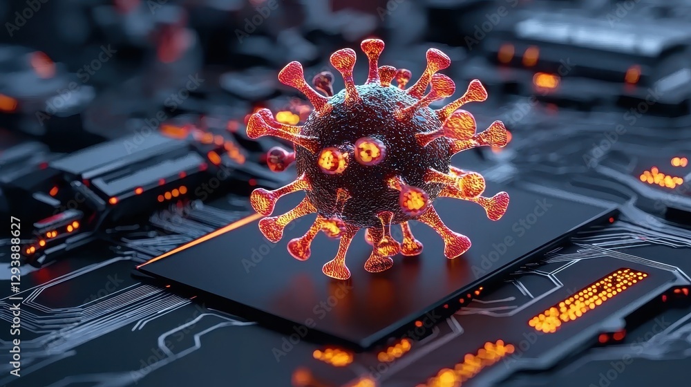 Poster 3d rendering of virus particle on circuit board background with neon highlights