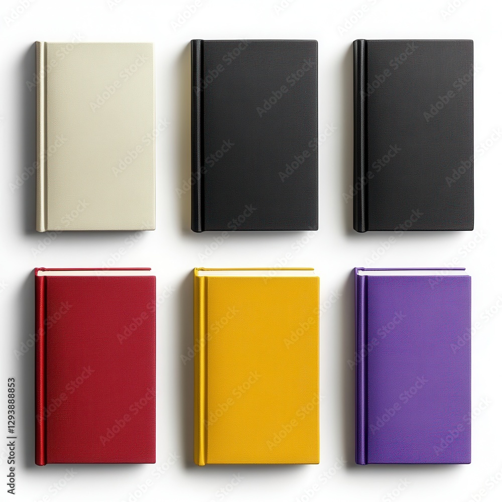 Poster Six Colorful Books Arranged on a White Background Creating a Clean and Organized Composition Perfect for Educational and Creative Projects