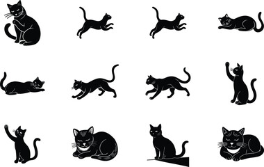 Fototapeta premium Black Cat Silhouettes Sitting, Jumping, Playing, and Posing