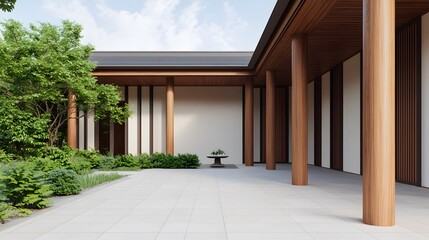 Modern architectural design tranquil courtyard visual content natural environment wide angle serenity and harmony