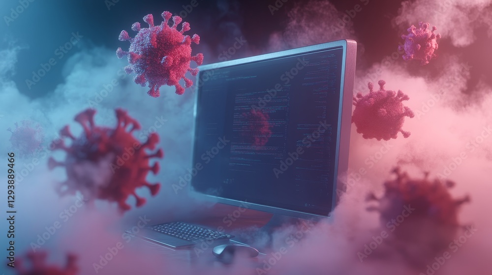 Poster computer screen surrounded by ominous virus particles