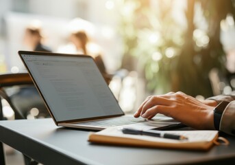 Person typing on a laptop in a bright, modern workspace