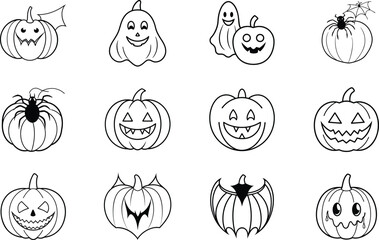 Halloween Pumpkins Ghosts Bats Spiders Spooky Cute Line Art Icons
