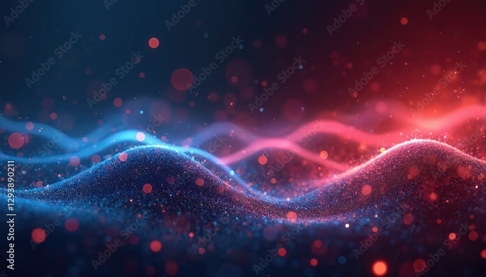 Poster abstract background of red, blue digital particles forming wave with glowing dots. futuristic modern