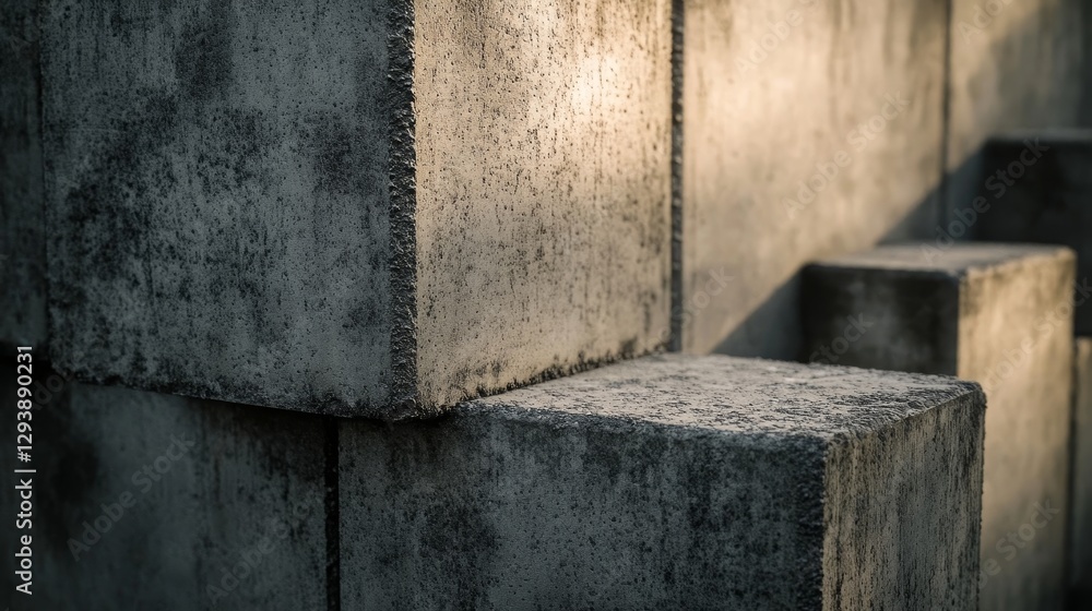 Poster concrete blocks form textured geometric steps.