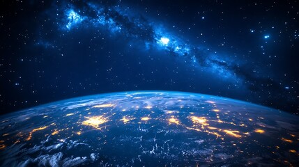 Obraz premium Earth Sunrise from Space with Golden Horizon, A stunning view of Earth from space with a sunrise casting golden light over the horizon, illuminating clouds and the atmosphere