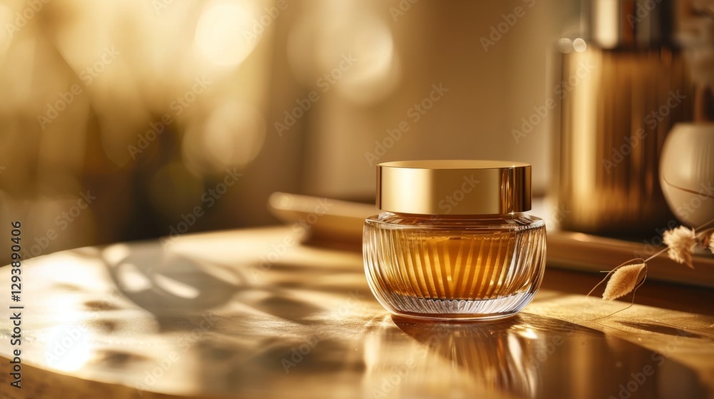 Poster a beautifully crafted glass jar with a golden lid rests on a smooth wooden table, bathed in warm sun