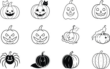 Cute Halloween Pumpkins Black and White Jocko lanterns, Cats, Spiders