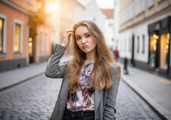 Fototapeta premium Young woman with long hair making a playful expression on a city street