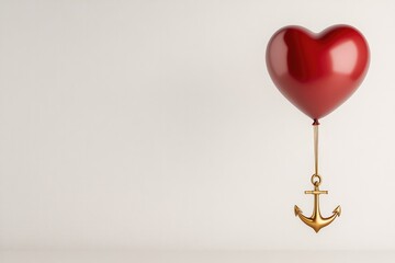 Red heart balloon suspended by golden anchor symbolizes love and