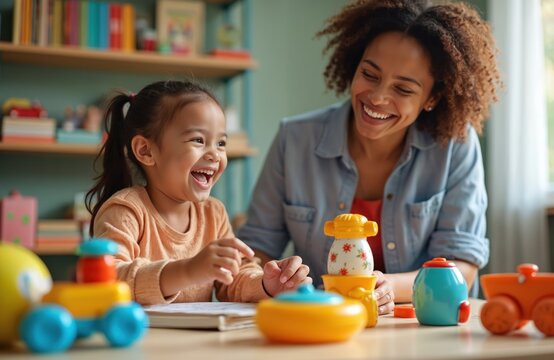 Speech therapist, little girl laugh together during session with educational toys, books on shelves. Joyful learning communication, playful interaction, positive reinforcement, language development,