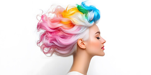 Naklejka premium Woman with multicolored rainbow-colored hair, isolated on white background