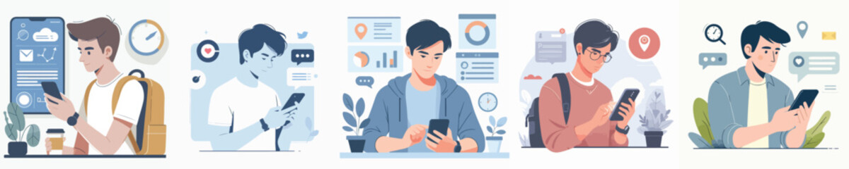 Vector of a young man checking the latest news on his phone.