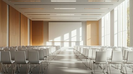 Modern Conference Room with Rows of Empty Chairs and Bright Light