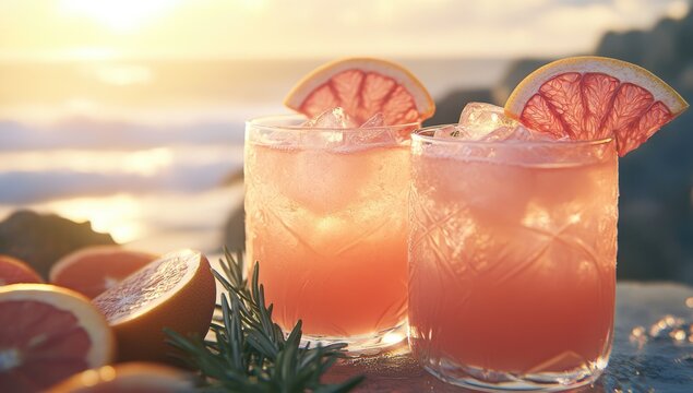Sunset cocktails with grapefruit slices on beach rocks