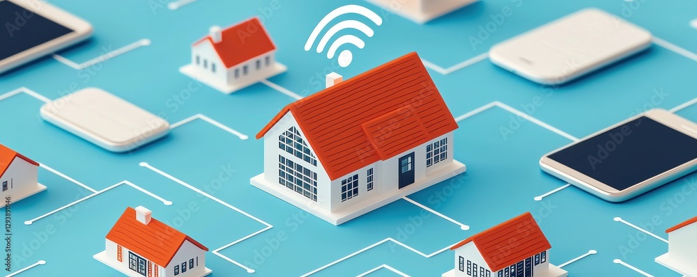 Poster a digital representation of smart homes interconnected through wireless networks, showcasing the int