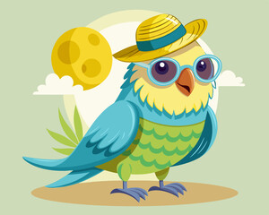Naklejka premium budgie with hat and sunglasses theme for vacation and travel