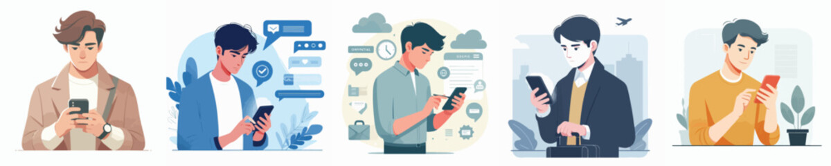 Vector of a young man checking the latest news on his phone.