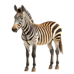 Angled view full body shot of an extremely perfect looking single Zorse animal isolated on a white transparent background