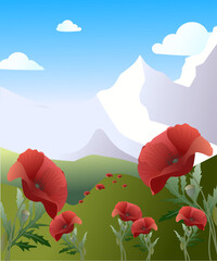 Spring vector background with mountains and poppies. Luxury illustration in minimalist style with poppy flowers in botanical style, organic shapes. Vector background for banner, poster
