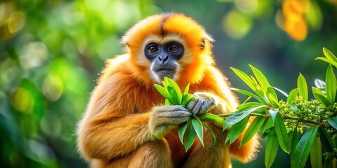 Obraz premium Adorable Yellow-Cheeked Gibbon Eating Grass on Tree Branch - Tilt-Shift Photography