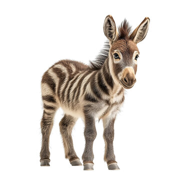 Angled view full body shot of an extremely perfect looking single Zonkey animal isolated on a white transparent background