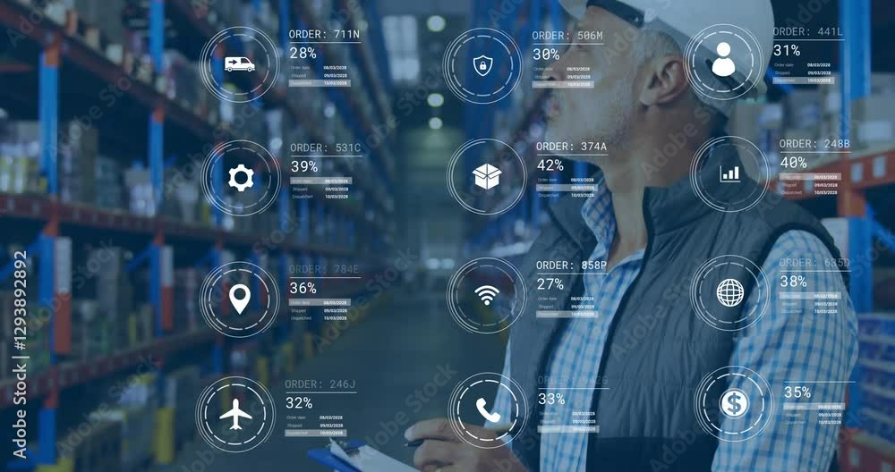Poster analyzing digital data, warehouse worker focusing on statistics and animation icons