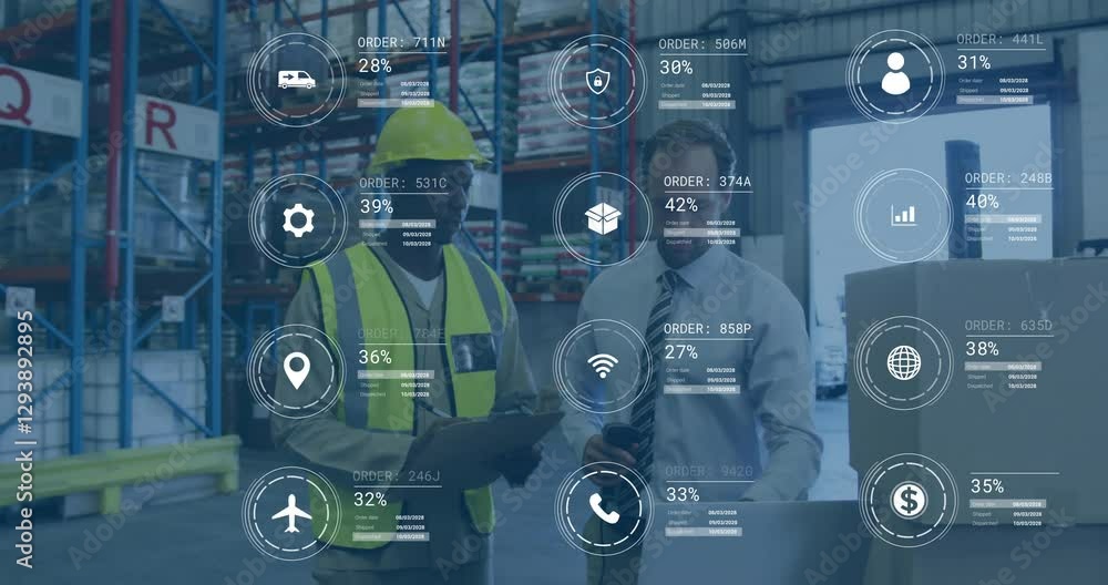 Poster animation of warehouse workers analyzing digital data overlay with order statistics