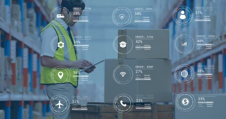 Warehouse worker using tablet with data processing animation overlaid on boxes