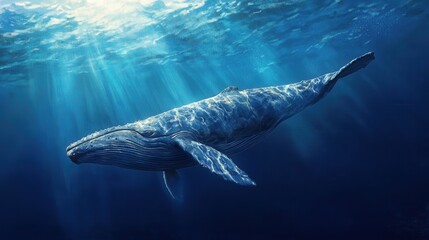 Fototapeta premium A majestic blue whale glides through the vivid azure depths, its realistic intricacies highlighted by vibrant hues against the endless ocean