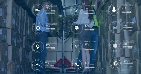 Organizing boxes, warehouse workers with animation overlay showing order statistics - Powered by Adobe