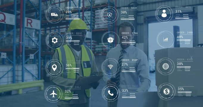 Animation of warehouse workers analyzing digital data overlay with order statistics
