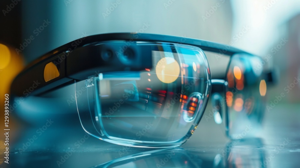 Aufkleber Glimmering smart glasses placed on a reflective table, capturing the colorful city lights and showcasing modern design with high tech features as day transitions to night.