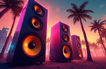 Low angle view of massive modern party speakers with neon lights, palm trees. Summer vacation dance party event at night. Large loudspeakers on sand beach near ocean and city.