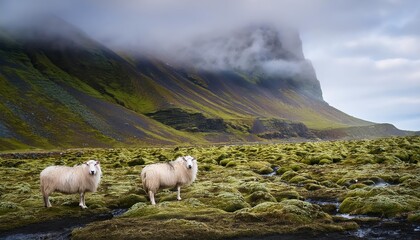 Sheep Grazing Amidst Majestic Icelandic Landscape, Fog Envelops the Scene as Moss Covers the Ground in a Scene of Tranquil Beauty.