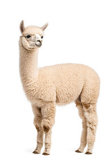 Fototapeta premium An adorable alpaca posing, isolated on white background