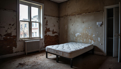 Lonely mattress in empty room with peeling paint, poverty symbolism