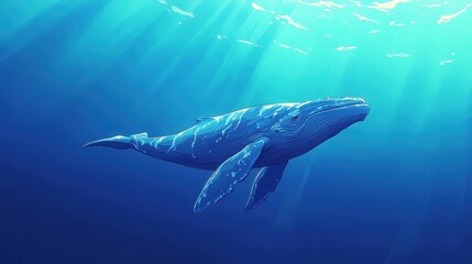 Fototapeta premium A majestic blue whale glides through shimmering azure waters, its detailed form highlighted by vibrant hues against the ocean's depths. Every curve of its immense body is rendered with lifelike precis