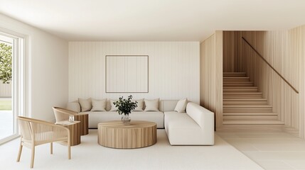 Fototapeta premium Serene Living Room: A modern, bright, and airy living room bathed in natural light, featuring a minimalist design with cozy seating, a wooden coffee table, and a staircase.