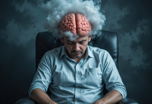 Hombre fatigado encorvado en una silla, con su cerebro apareciendo oscuro y nublado, simbolizando la niebla cognitiva y el agotamiento del s&iacute;ndrome de fatiga cr&oacute;nica