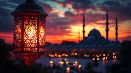Illuminated lantern glows against a mosque at sunset with vibrant orange and pink clouds