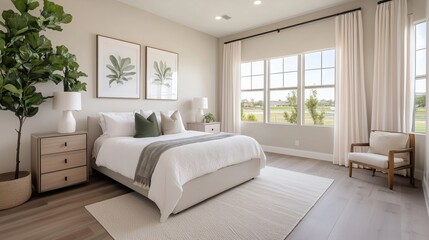 Serene Bedroom Interior: An inviting bedroom interior, showcasing a harmonious blend of modern design elements and comfortable furnishings, creating a relaxing and aesthetically pleasing space.