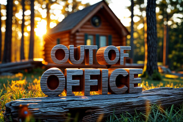 Rustic wooden cabin in a forest setting during sunset, with the text phrase text "OUT OF OFFICE" displayed in front of it