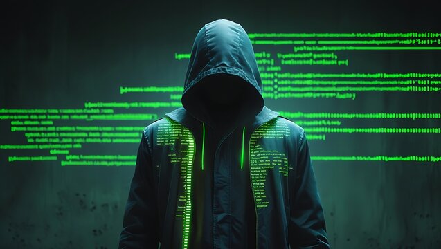 Mysterious Hooded Hacker with Green Glitch Effect and Encrypted Code &ndash; Cybersecurity Threat, Dark Web Intrusion, and Anonymous Cybercrime Concept