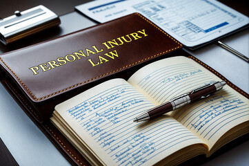 A book with the title word text "PERSONAL INJURY LAW" with a pen and notebook and a wallet