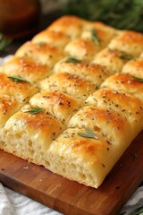 Golden Focaccia Bread with Rosemary and Sea Salt on Wooden Board Italian Cuisine Culinary Art Baking Food Photography
