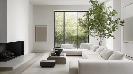 Fototapeta premium Minimalist Living Room: A modern, minimalist living room with clean lines and an abundance of natural light, offering a sense of tranquility and open space. Featuring a cozy fireplace.